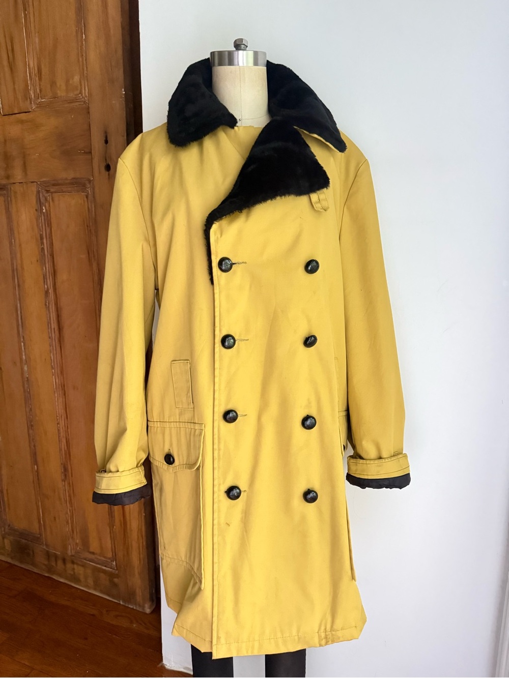 Vintage Cresco Mustard Faux Fur Lined Car Coat Double Breasted Size 38 Medium - Picture 5 of 16